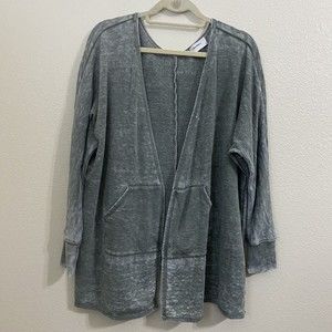 Allen Allen Usan Womens Cardigan Size M Green Open Front Pockets YF11635